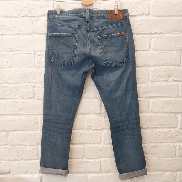 7 For All Mankind Jeans Mens 33x28 Paxtyn Blue Distressed Raw Hem Made in USA - Picture 3 of 12